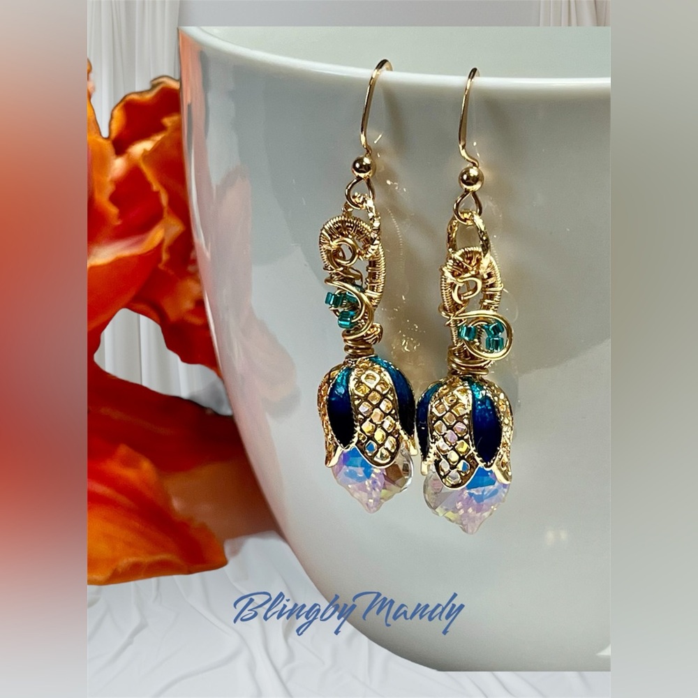 Ornate Gold and Blue Dangle Earrings with Filigree